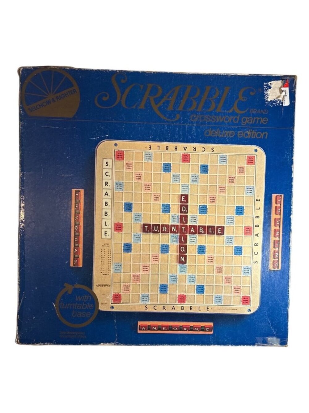 1977 Scrabble Delux Crossword Game Turntable Rotating Board Wood Tiles READ